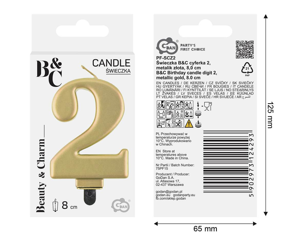 Birthday candle digit 2, metallic gold, 8.0 cm